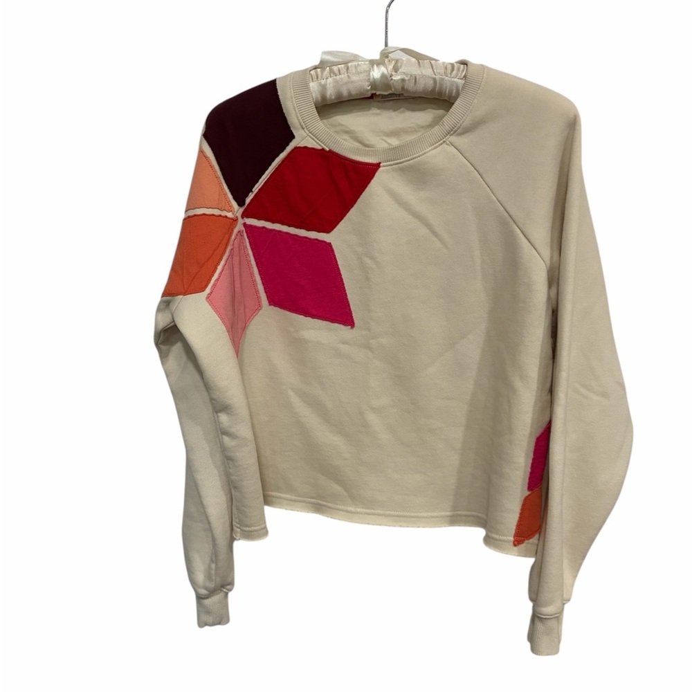 Marine Layer Archive Summit Cutoff Sweatshirt cream with bold patchwork appliqué